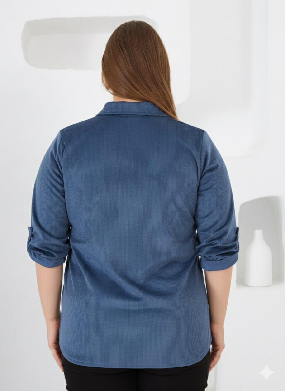 Kadife Büyük Beden Kol Çıtçıtlı Gömlek İndigo - RMG