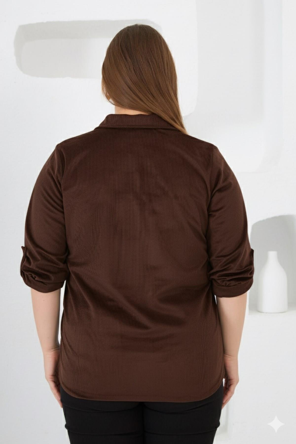 Kadife Büyük Beden Kol Çıtçıtlı Gömlek Kahve - RMG