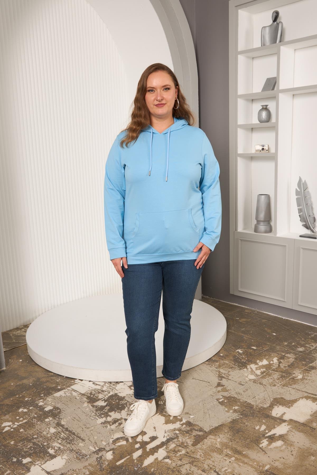 Kapşonlu Büyük Beden Sweatshirt Bebe Mavi