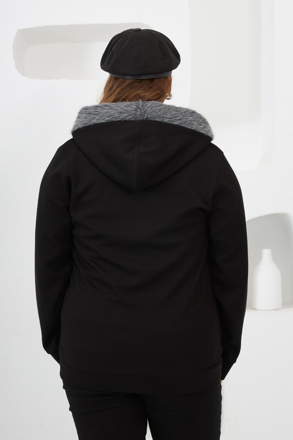 Kaşe Garnili Taşlı Büyük Beden Eşofman Üstü Siyah