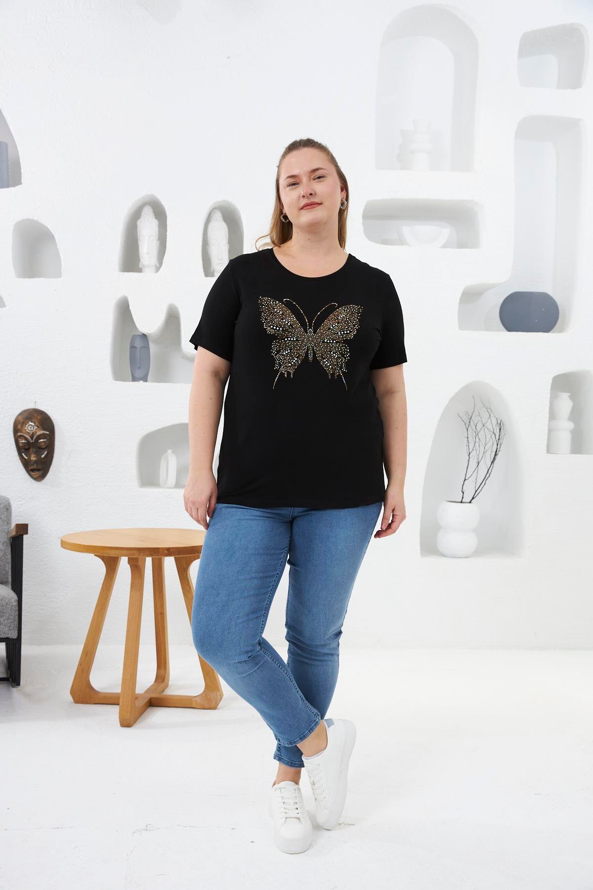 Kelebek Taş Baskılı Büyük Beden Tişört Siyah