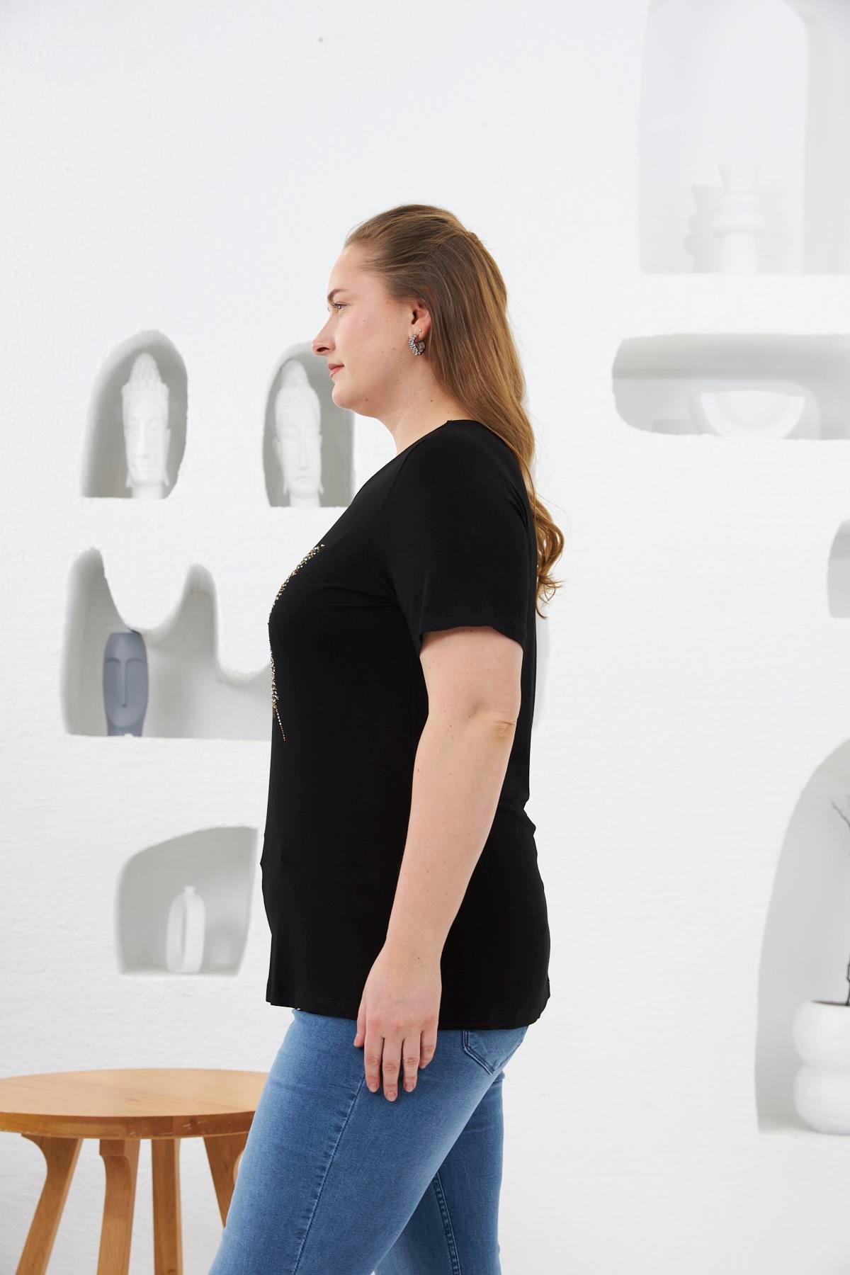 Kelebek Taş Baskılı Büyük Beden Tişört Siyah