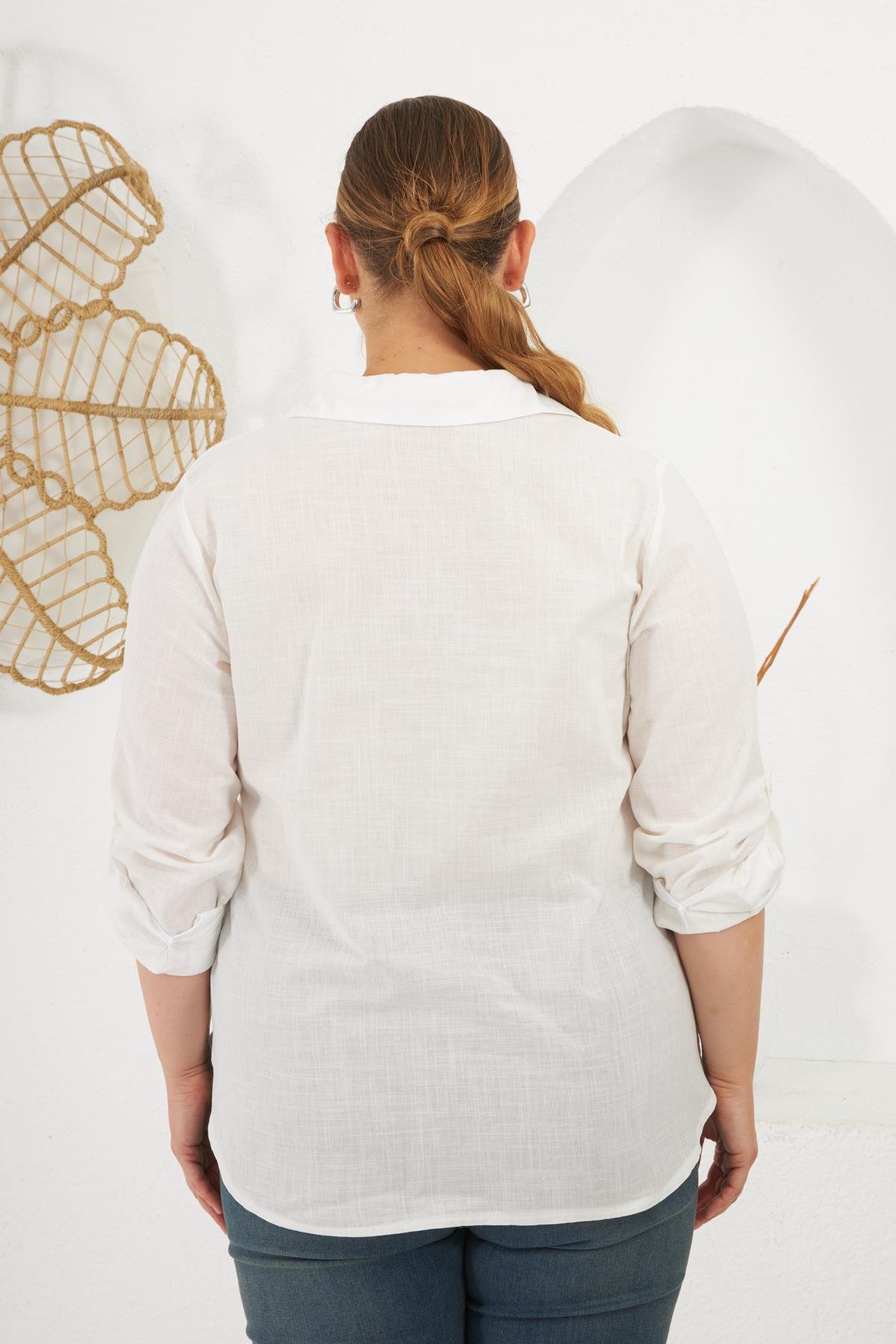 Kol Apoletli Büyük Beden Gömlek Beyaz