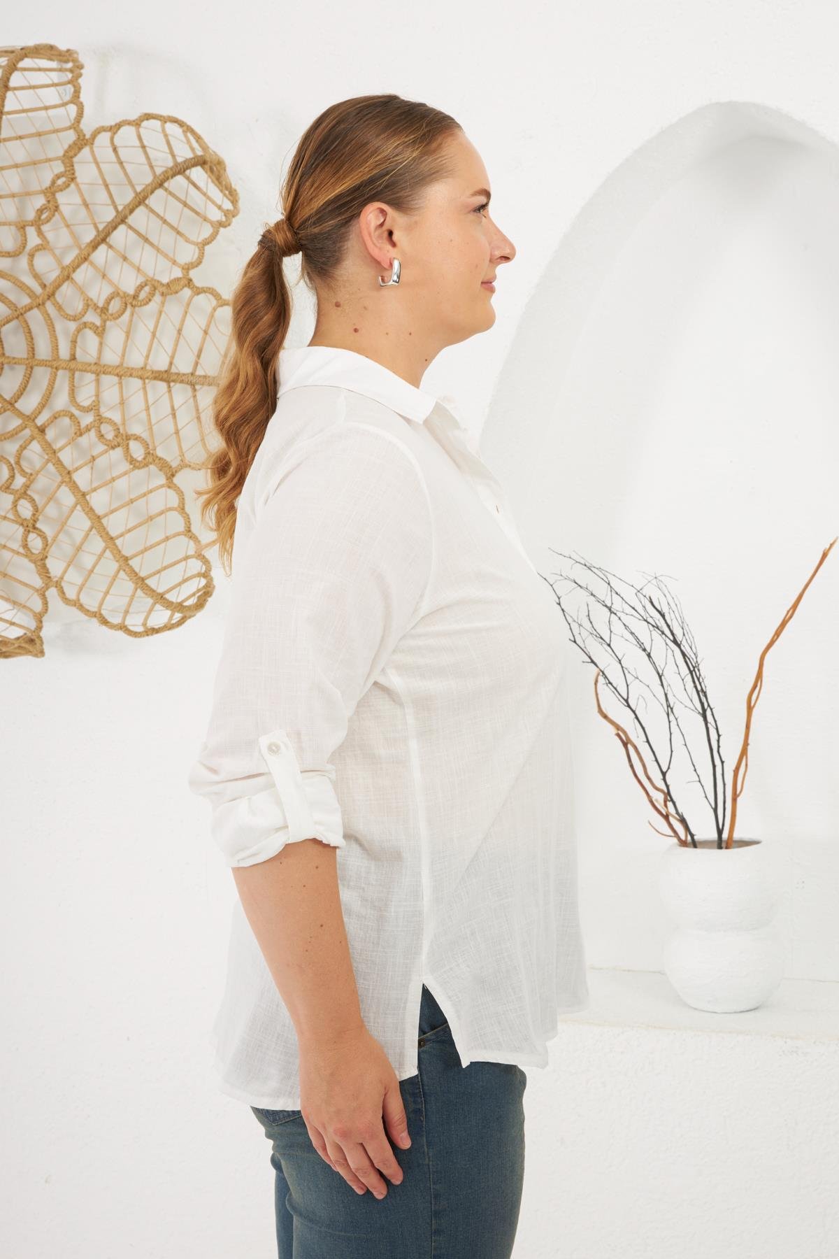 Kol Apoletli Büyük Beden Gömlek Beyaz