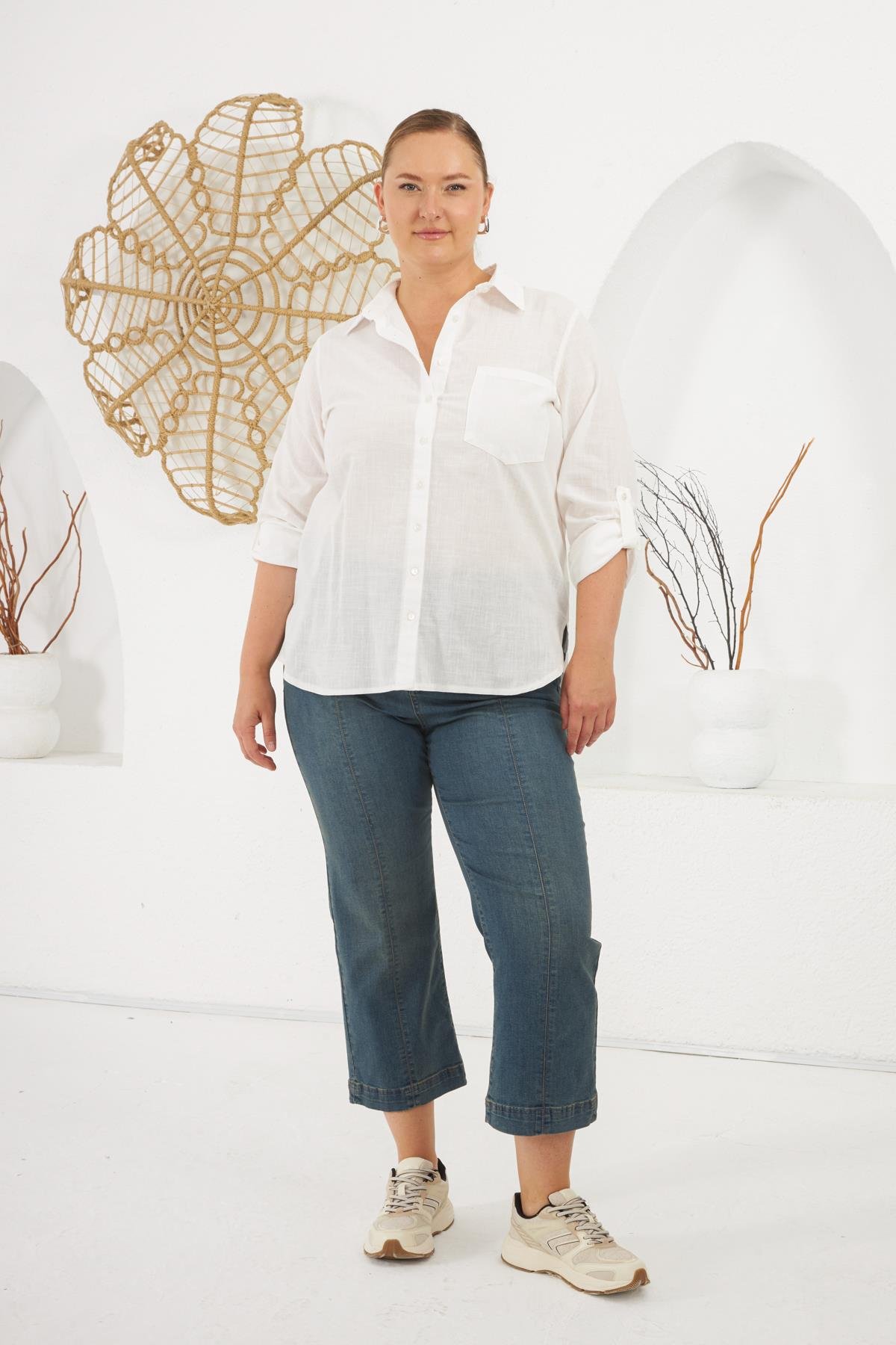 Kol Apoletli Büyük Beden Gömlek Beyaz