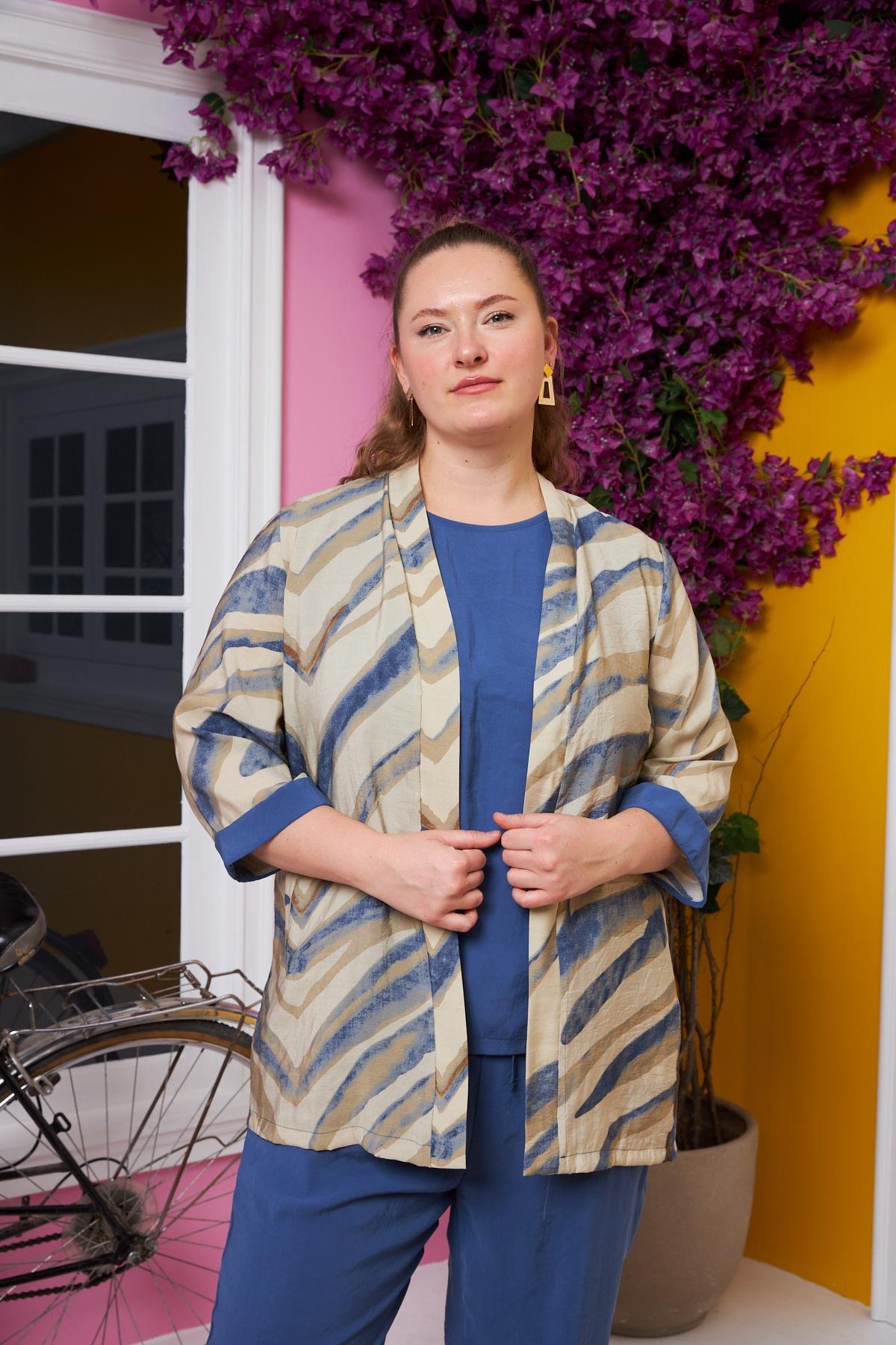 Kol Detaylı Büyük Beden Ceket Atlet Pantolon Takım İndigo