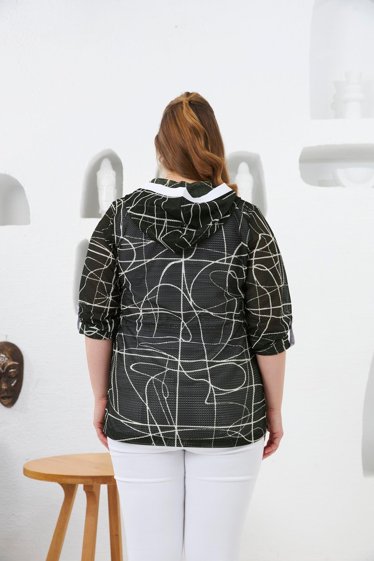 Kol Detaylı Büyük Beden Kapşonlu File Trenç Haki