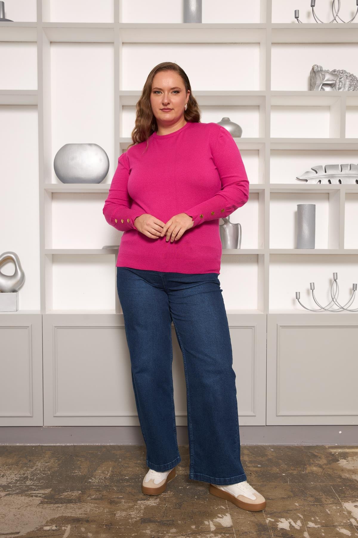 Kol Drop Detaylı Büyük Beden Triko Fuşya