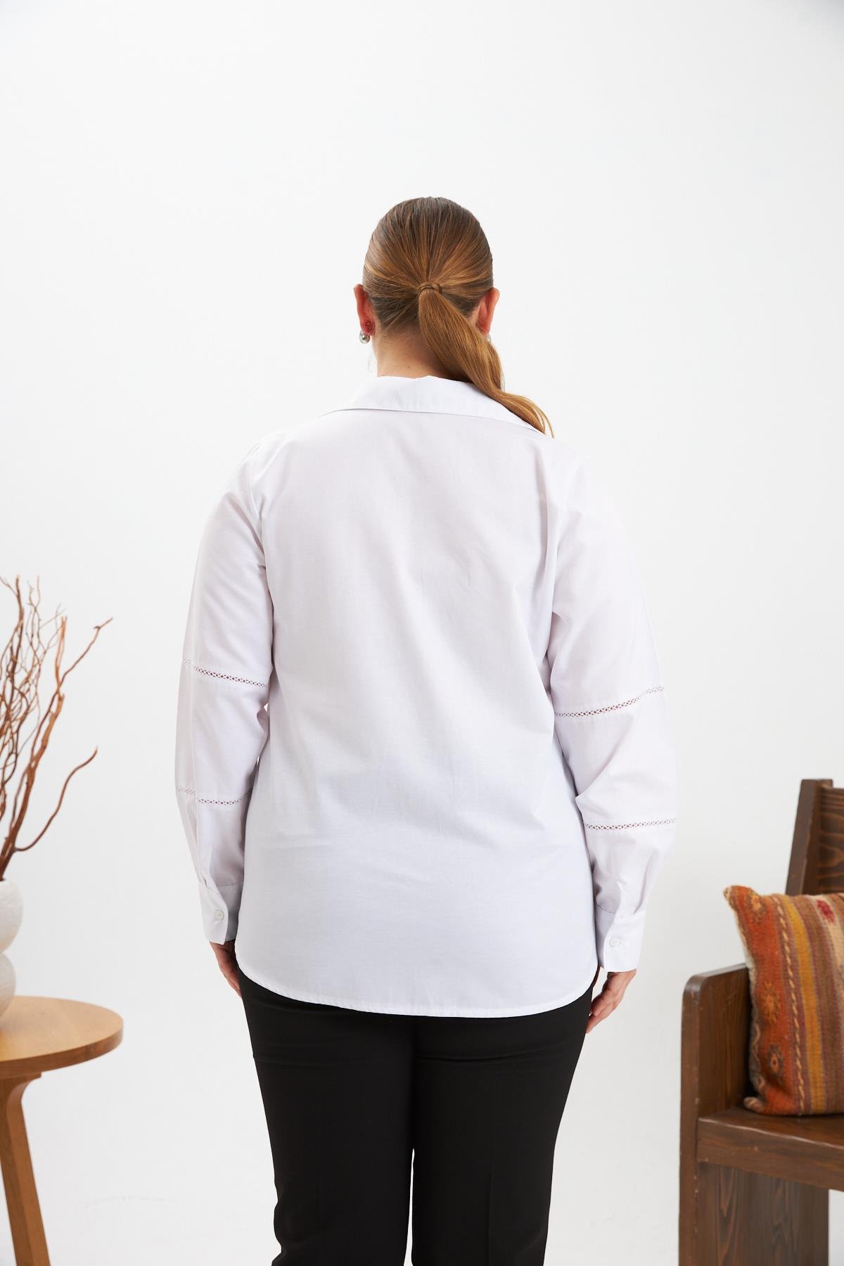 Kol Kroşeta Detaylı Büyük Beden Gömlek Beyaz