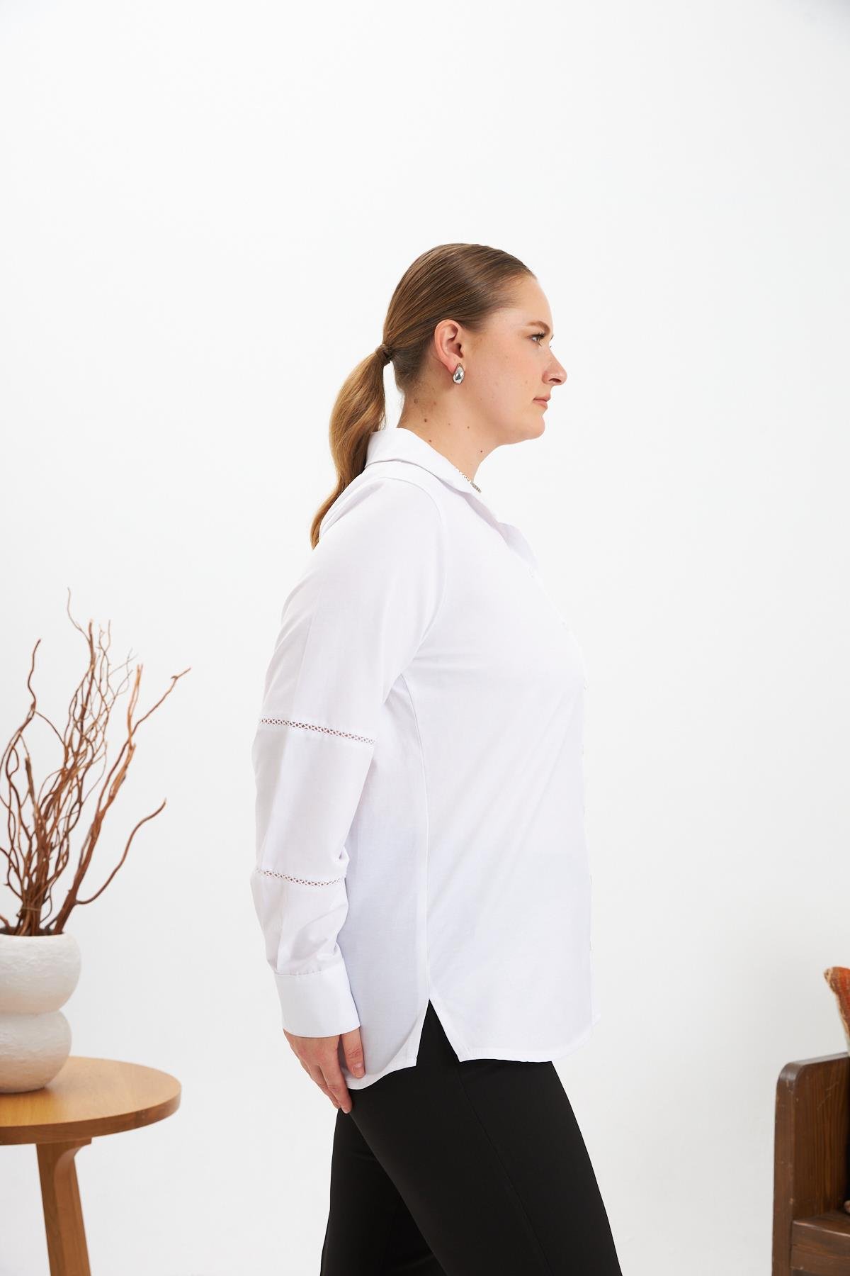 Kol Kroşeta Detaylı Büyük Beden Gömlek Beyaz