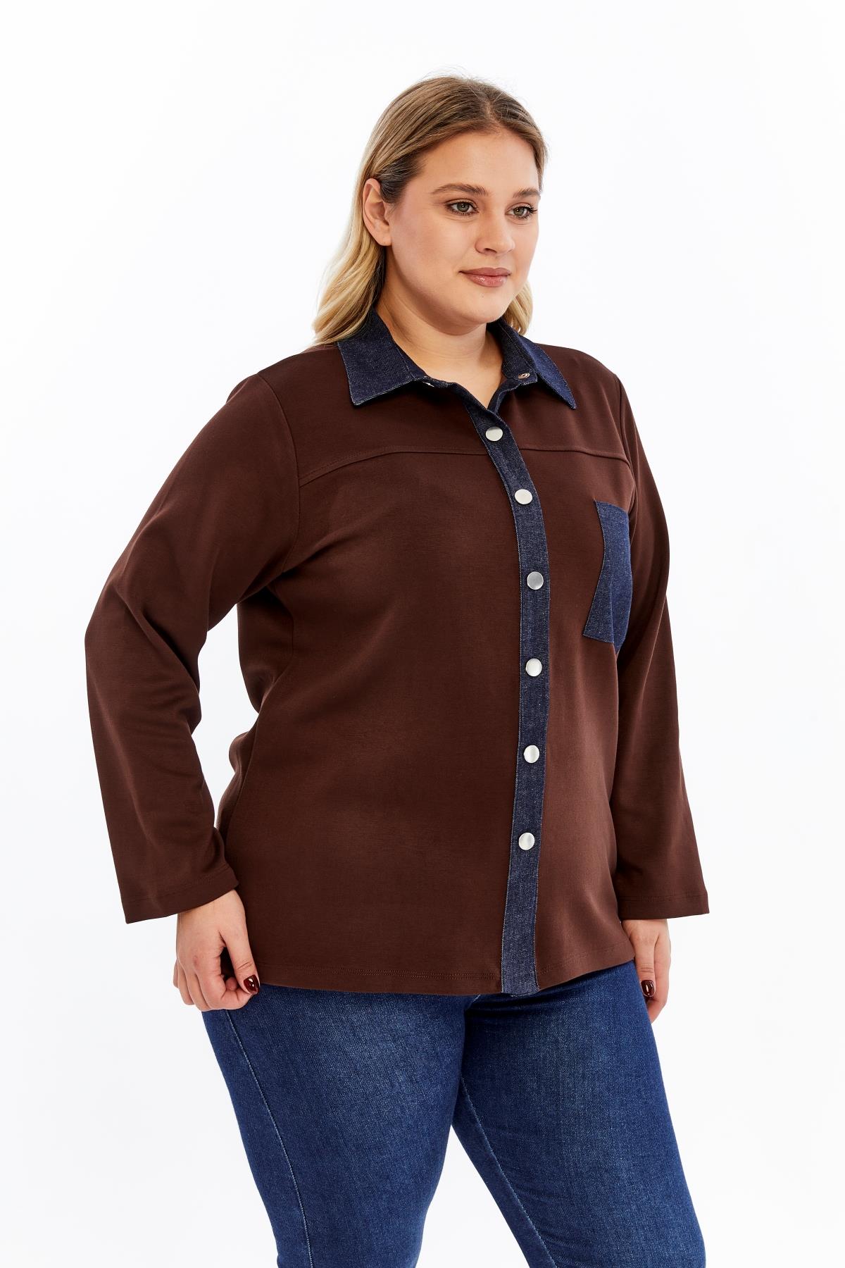 Kot Garnili Büyük Beden Ceket Kahverengi