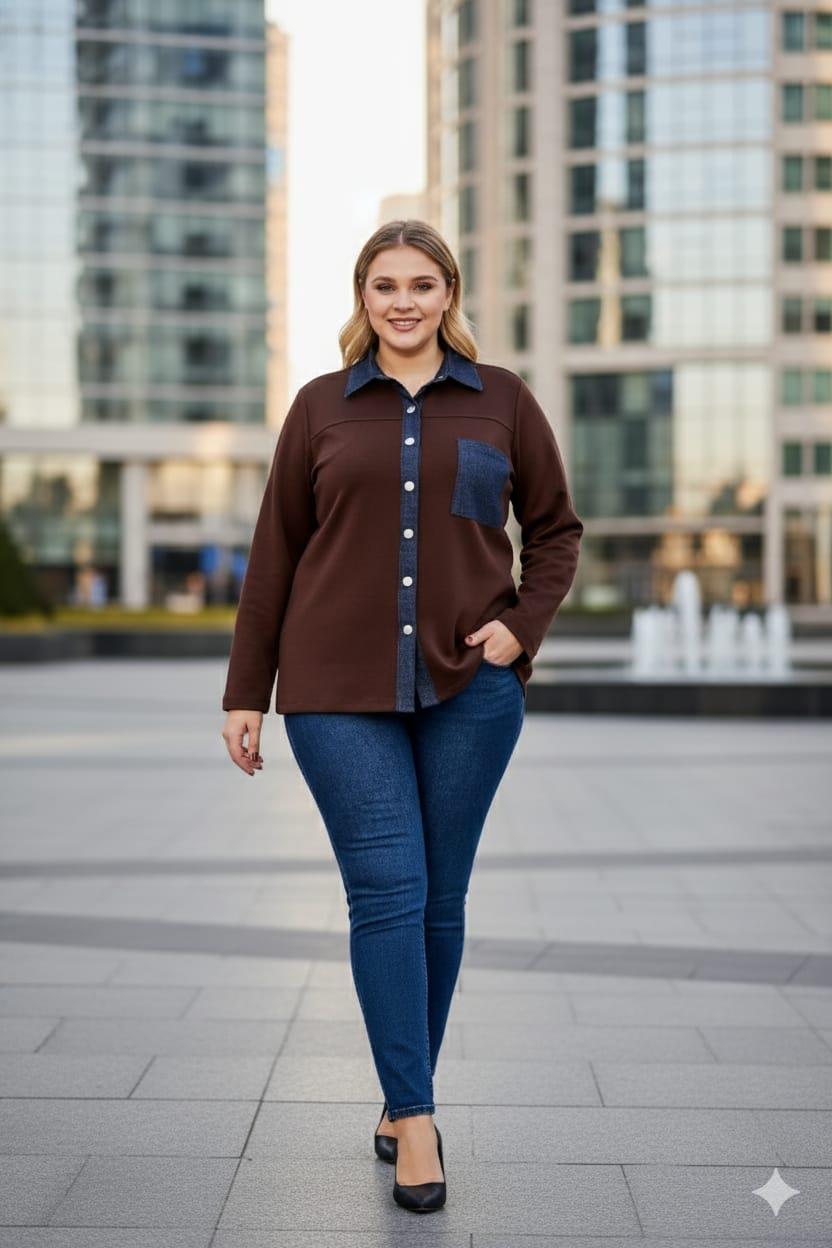 Kot Garnili Büyük Beden Ceket Kahverengi