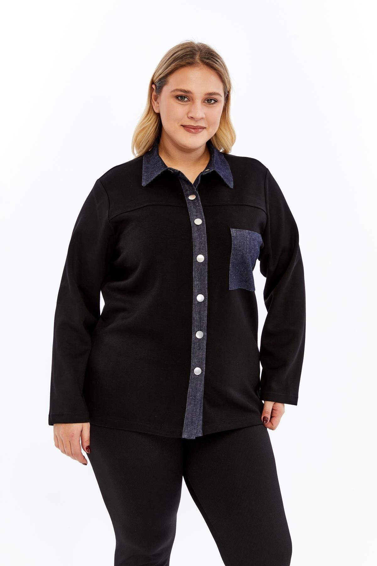 Kot Garnili Büyük Beden Ceket Siyah