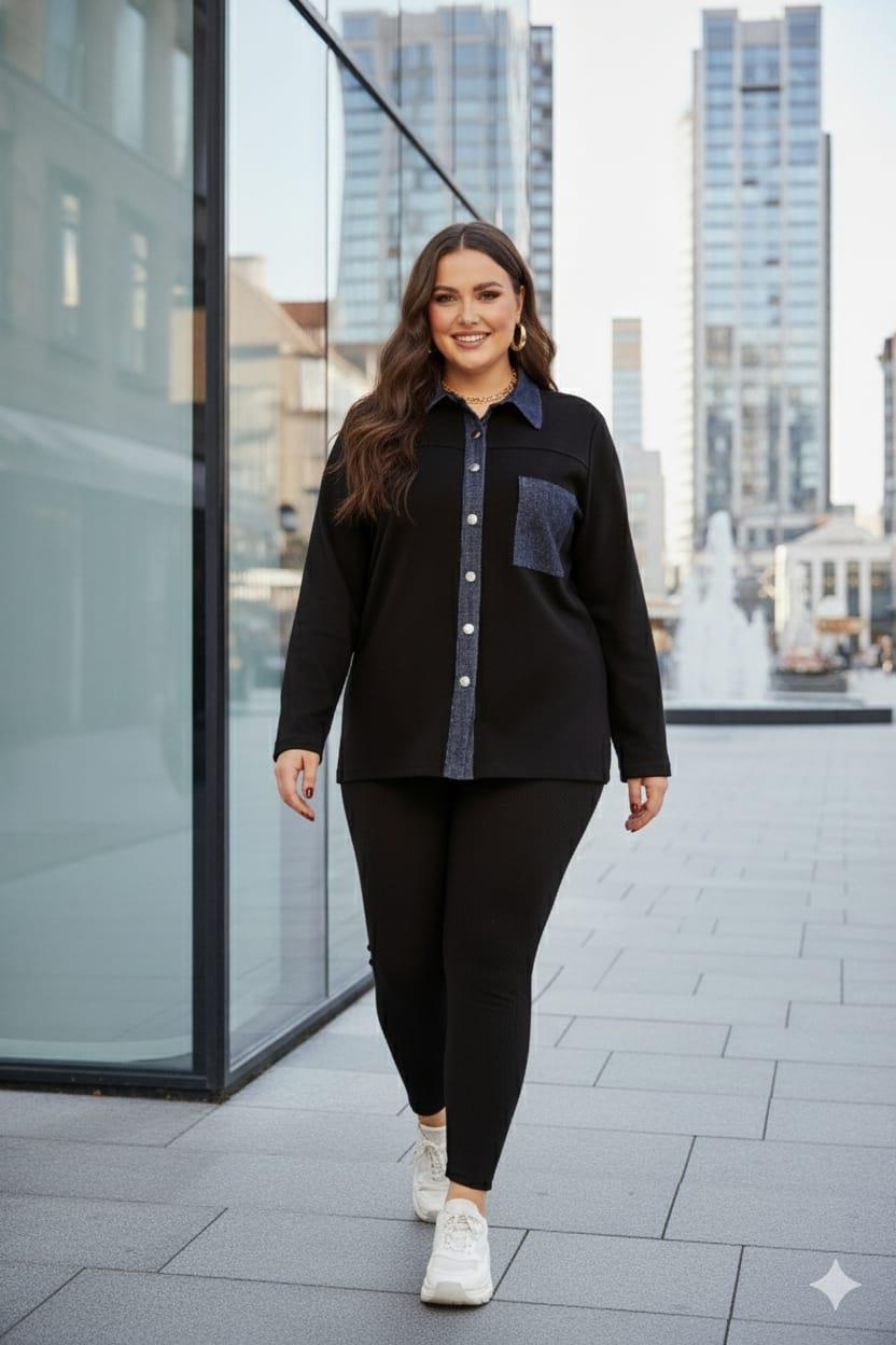 Kot Garnili Büyük Beden Ceket Siyah