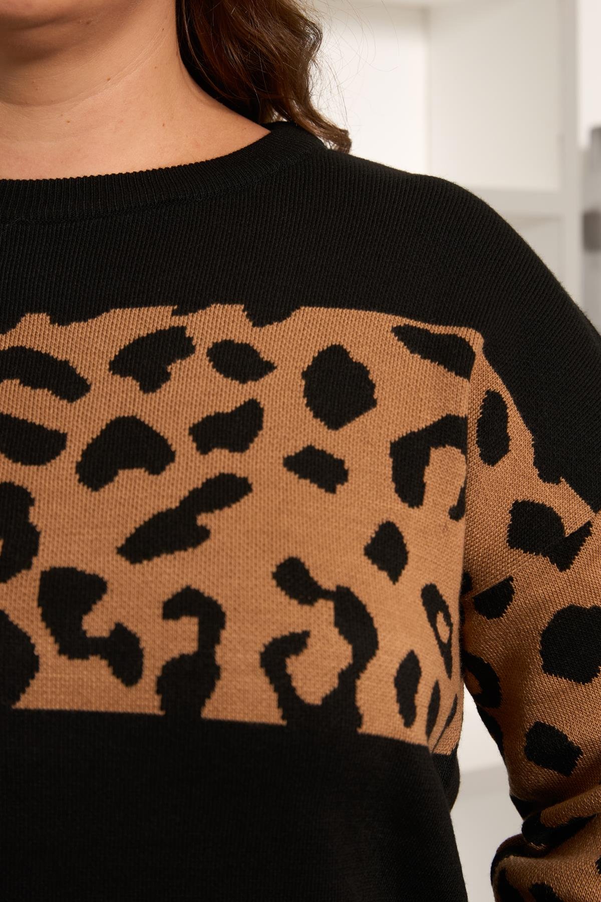 Leopar Garnili Alt-Üst Büyük Beden Takım Siyah