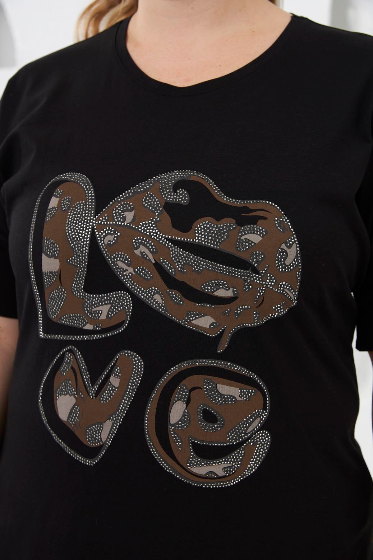 Love Taş Baskılı Büyük Beden Tişört Siyah