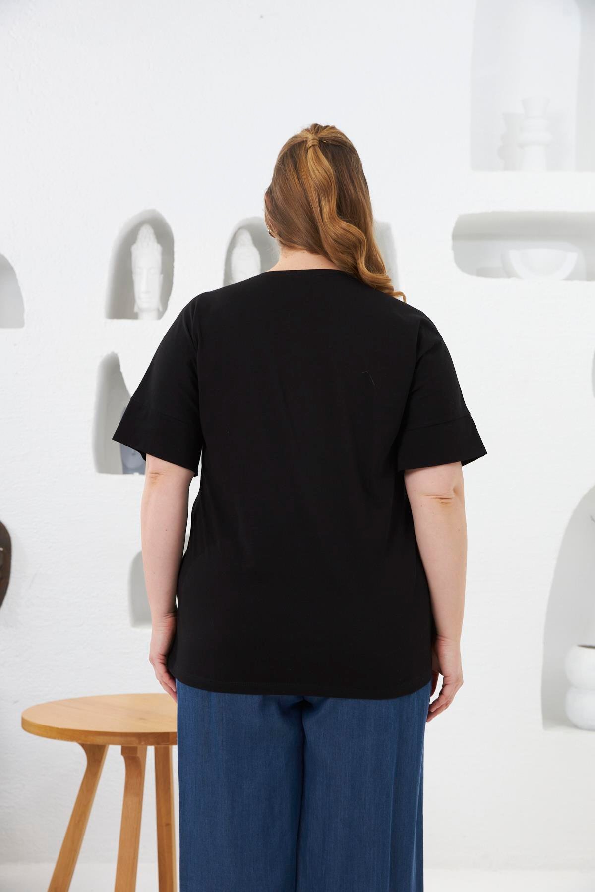 Love Taş Baskılı Büyük Beden Tişört Siyah