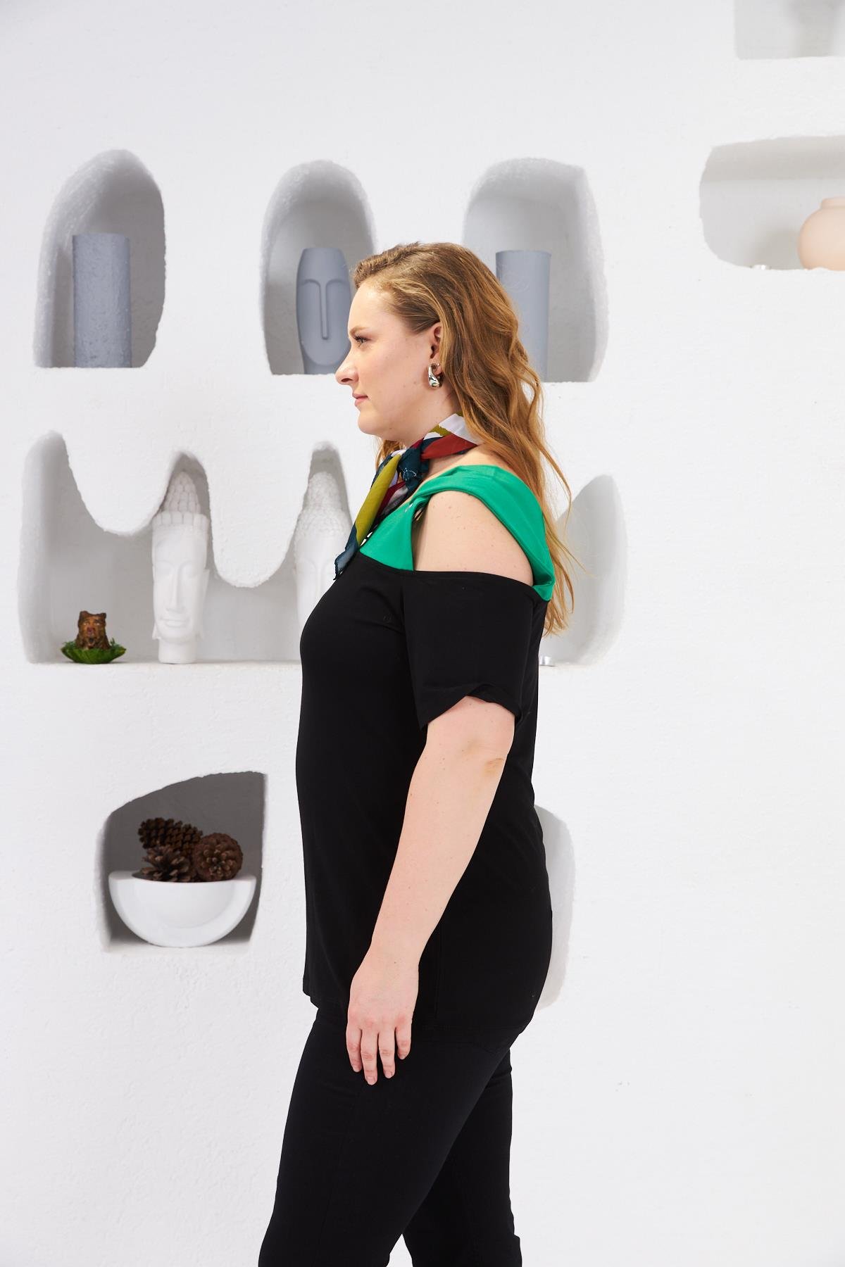 Omuz Detaylı Büyük Beden Tişört Yeşil