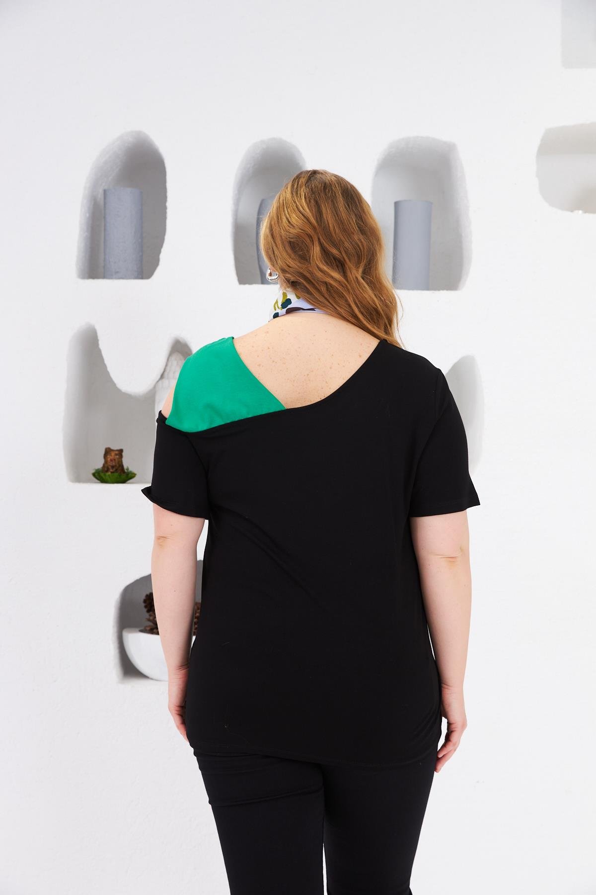 Omuz Detaylı Büyük Beden Tişört Yeşil