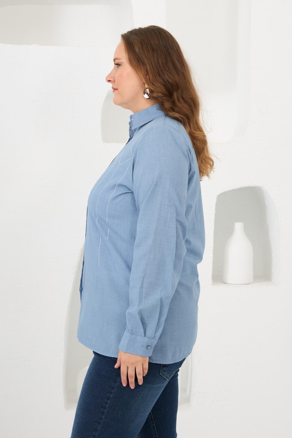Ön Taş Detaylı Büyük Beden Gömlek Mavi