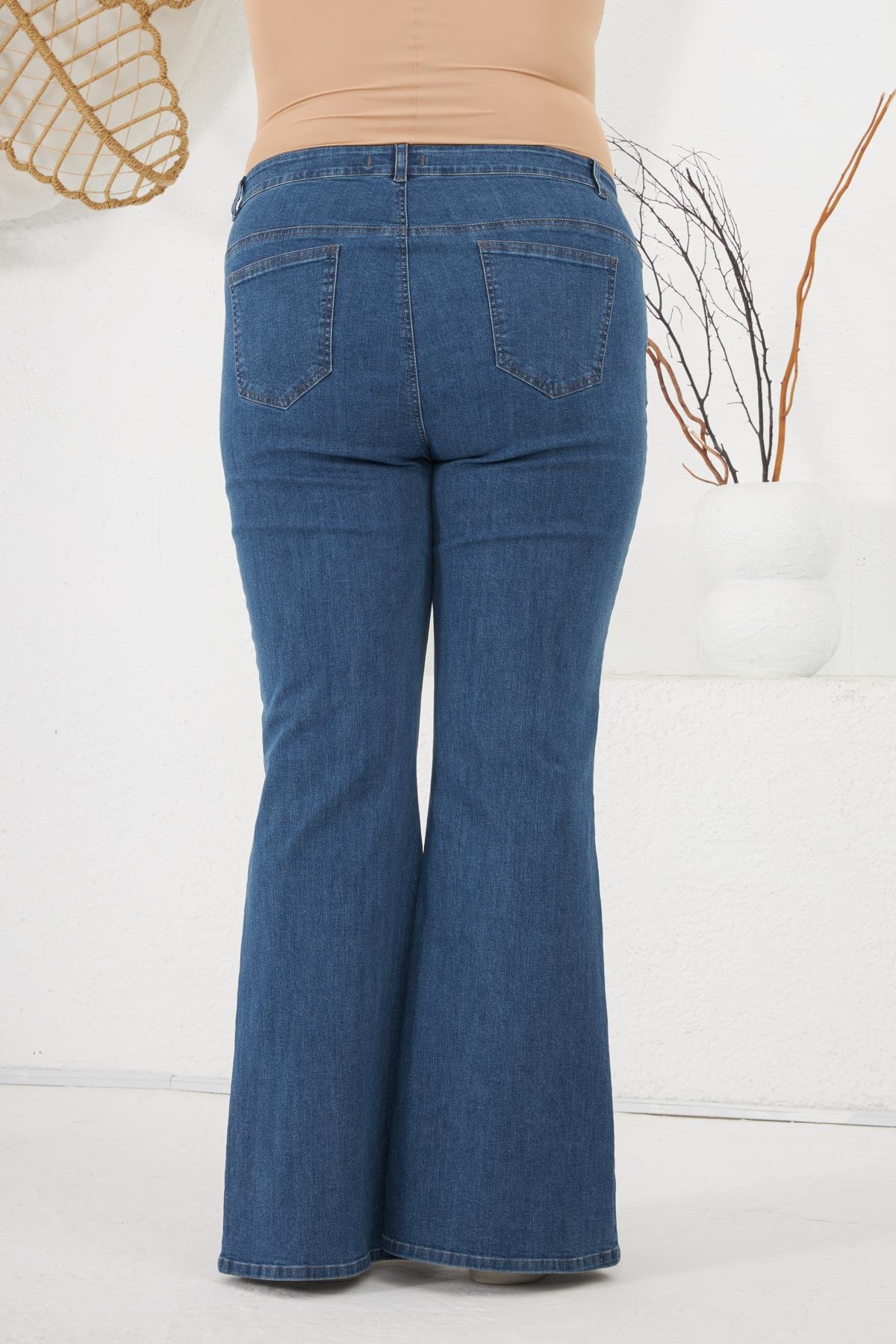 Paç Yırtmaçlı Taş Detaylı Büyük Beden Kot Pantolon Mavi