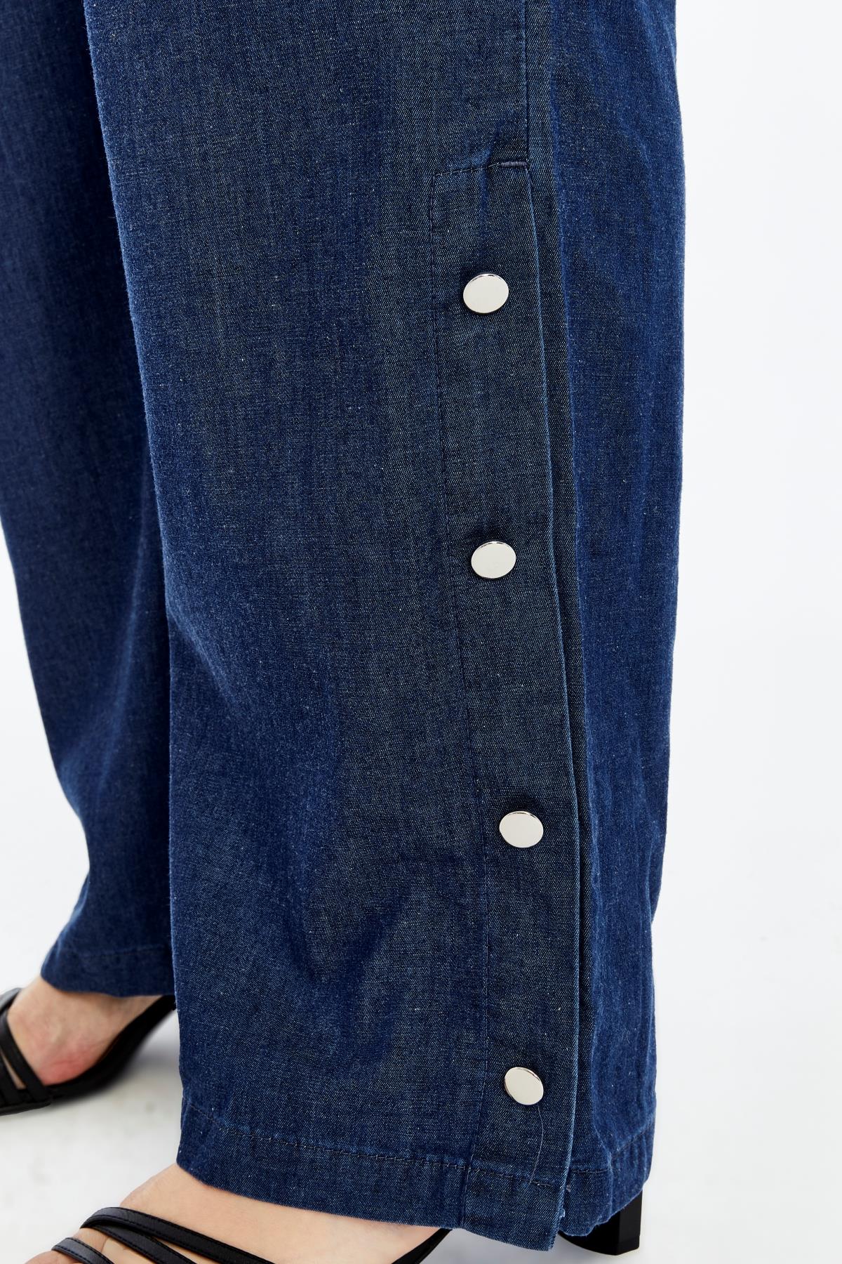 Paça Düğme Detaylı Beli Lastikli Büyük Beden Tnsel Pantolon Lacivert