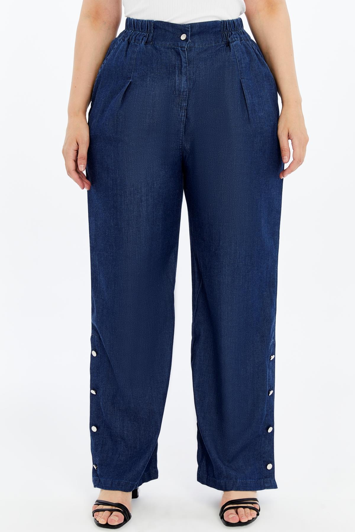 Paça Düğme Detaylı Beli Lastikli Büyük Beden Tnsel Pantolon Lacivert