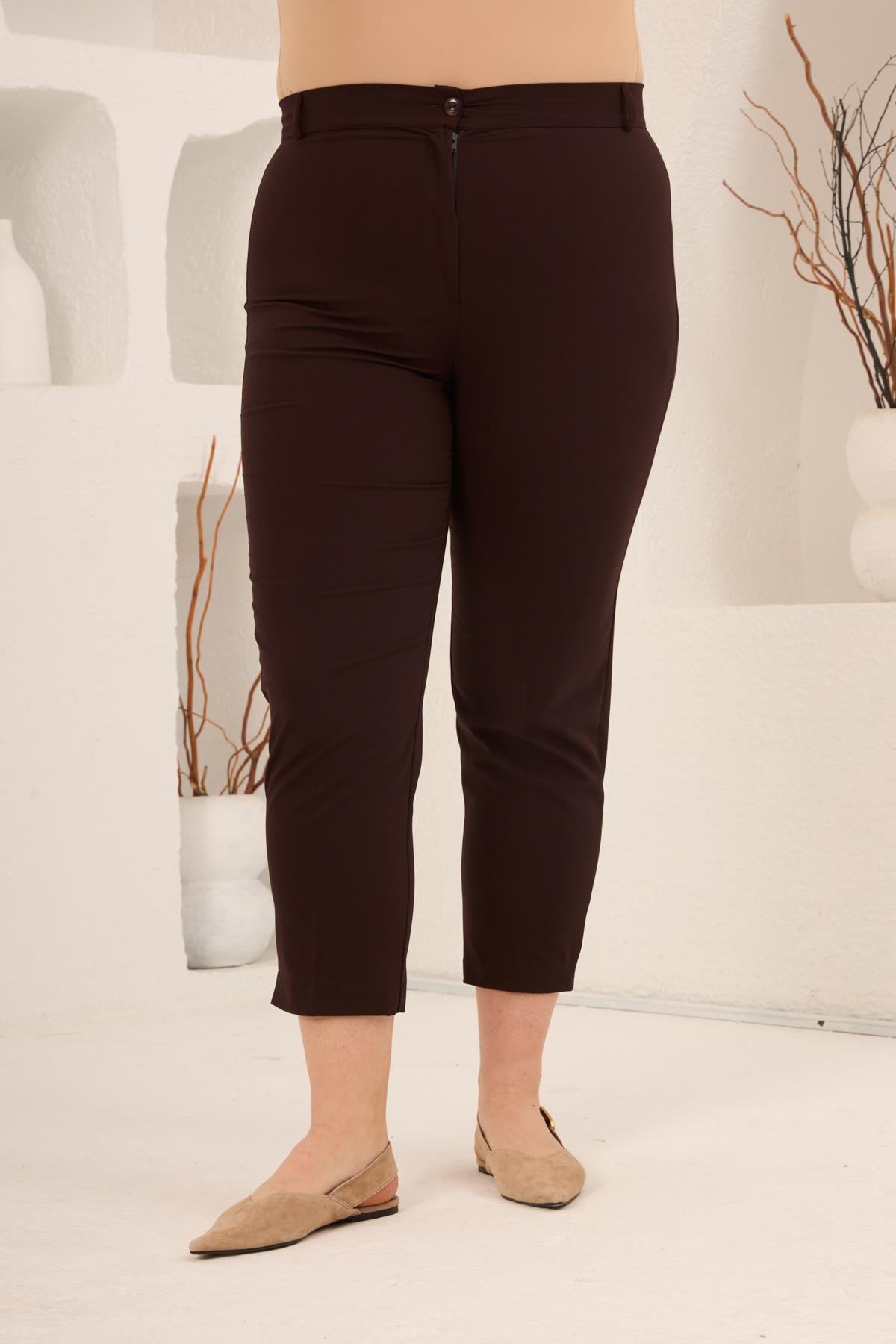 Paça Yırtmaçlı Büyük Beden Gabardin Pantolon Kahve - RMG