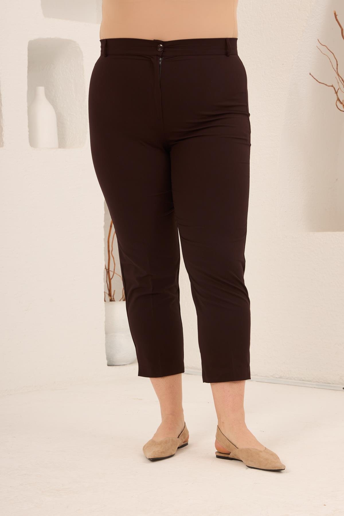 Paça Yırtmaçlı Büyük Beden Gabardin Pantolon Kahve - RMG