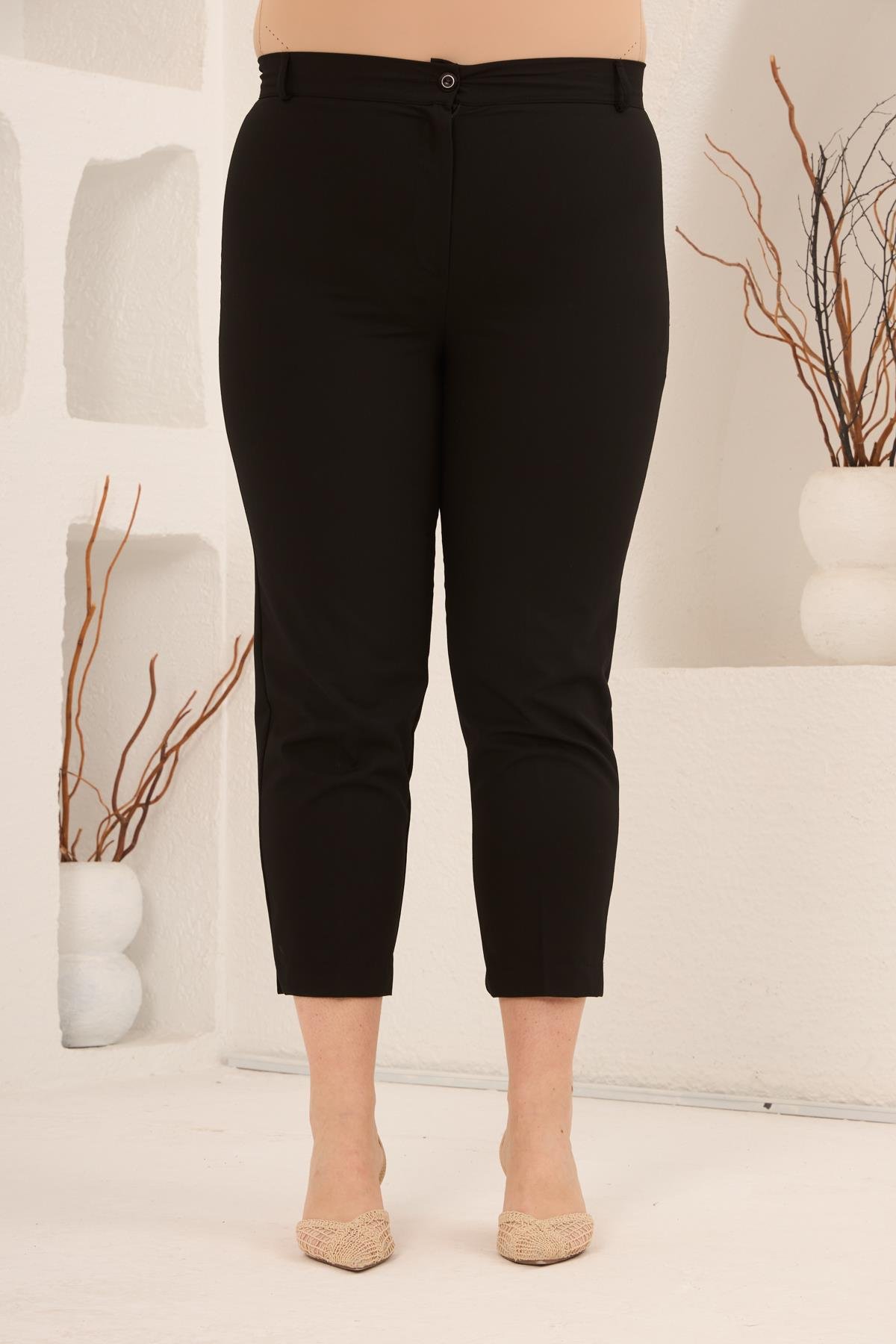 Paça Yırtmaçlı Büyük Beden Gabardin Pantolon Siyah - RMG