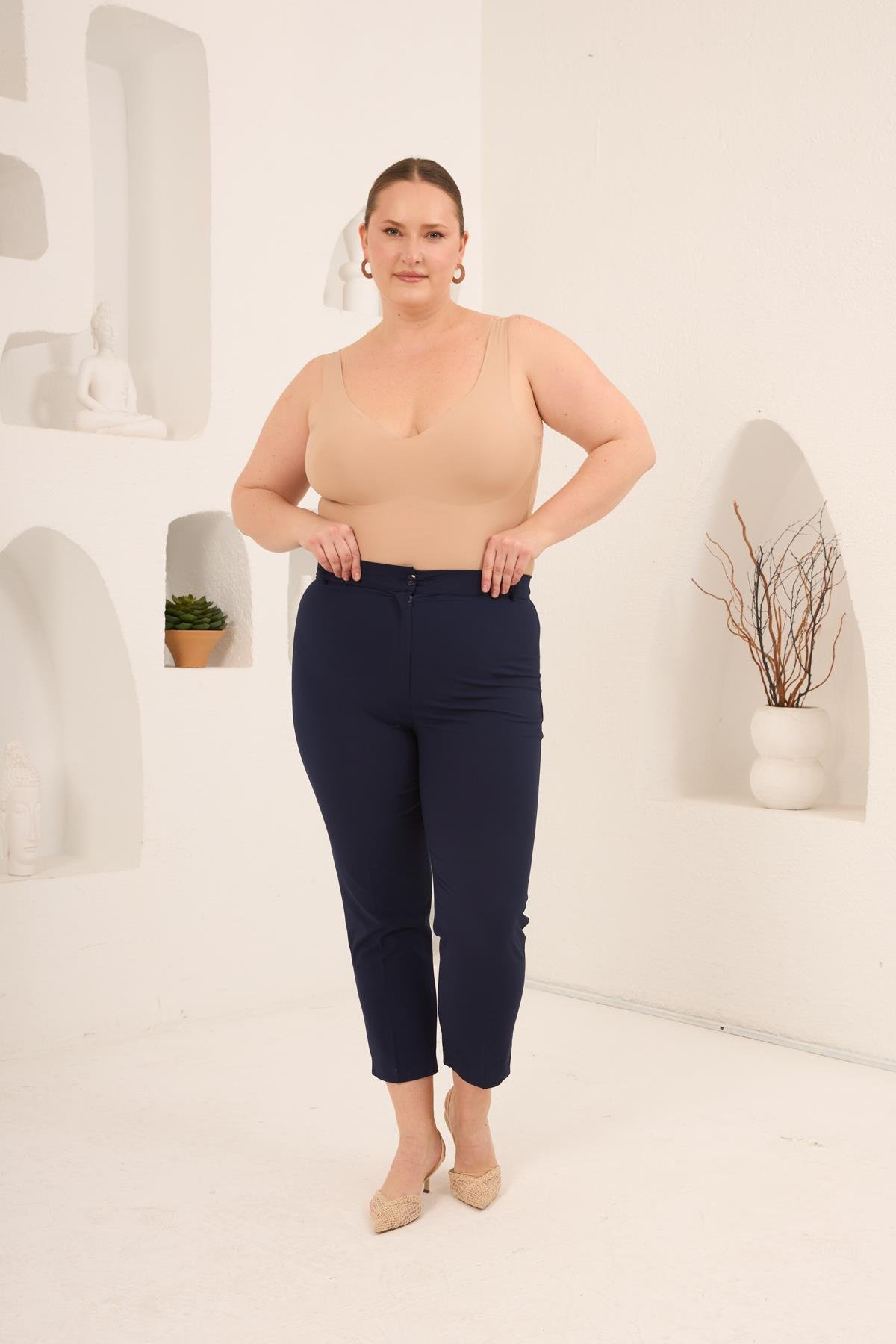 Paça Yırtmaçlı Büyük Beden Gabardin Pantolon Lacivert - RMG