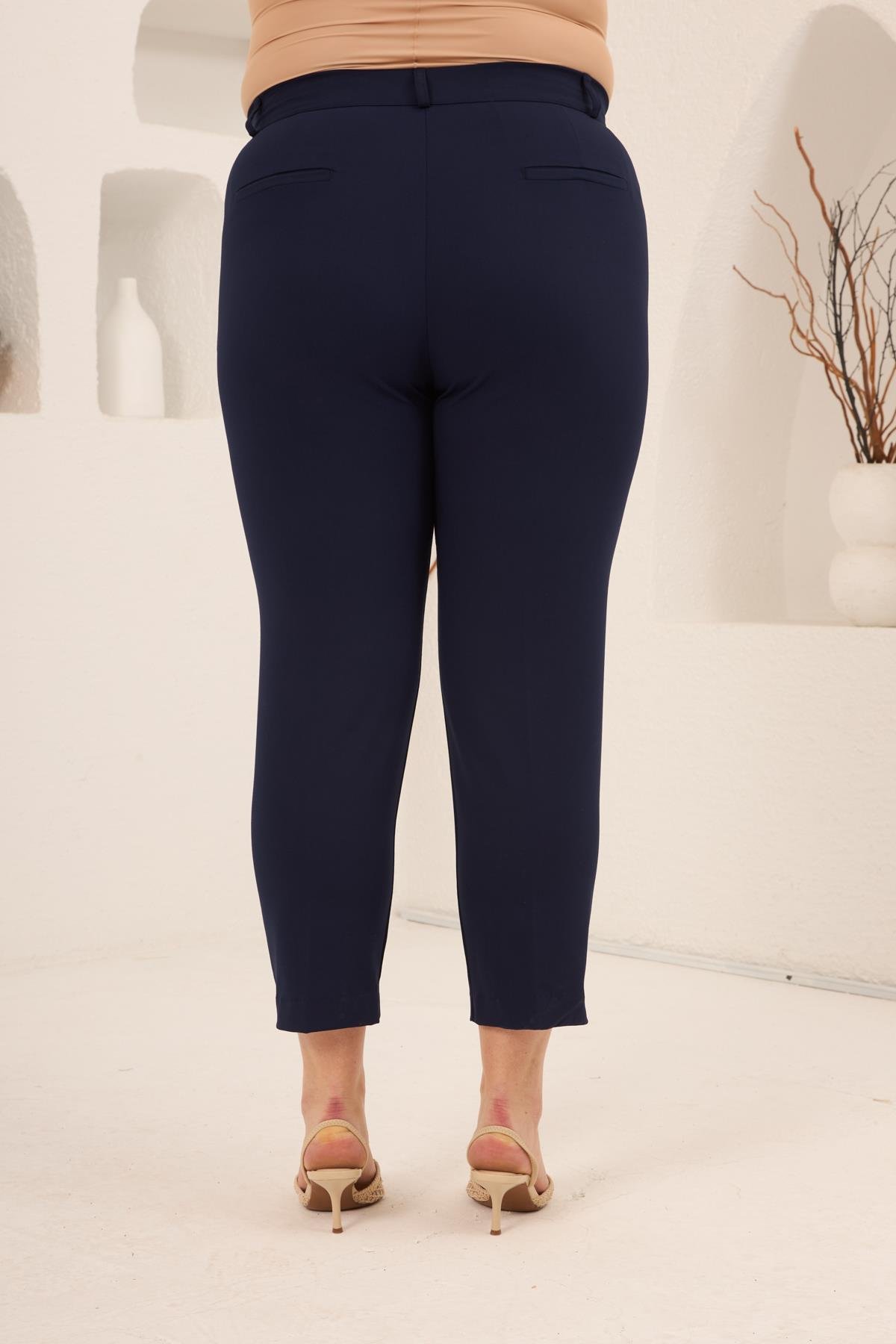 Paça Yırtmaçlı Büyük Beden Gabardin Pantolon Lacivert - RMG