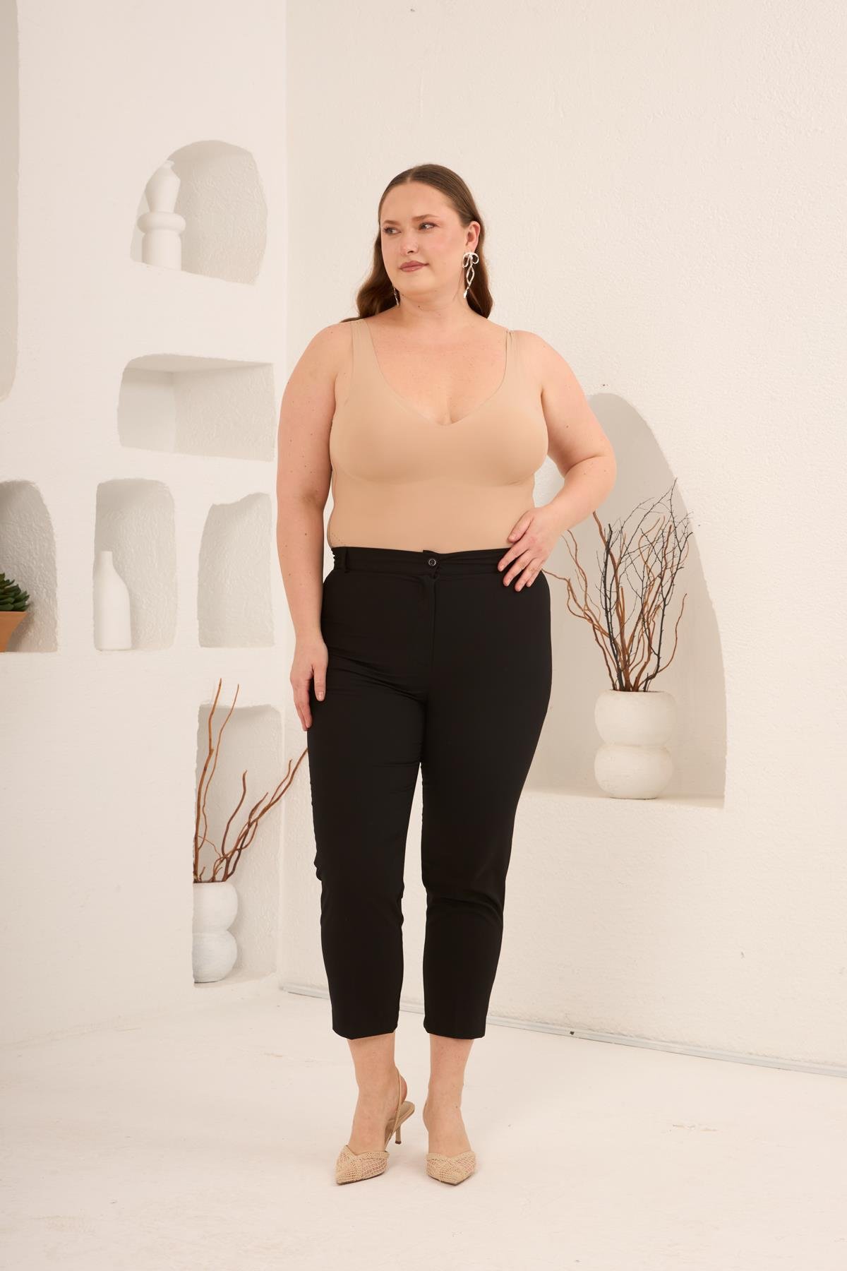 Paça Yırtmaçlı Büyük Beden Gabardin Pantolon Siyah - RMG