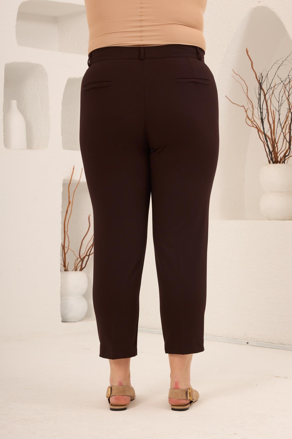 Paça Yırtmaçlı Büyük Beden Gabardin Pantolon Kahve - RMG