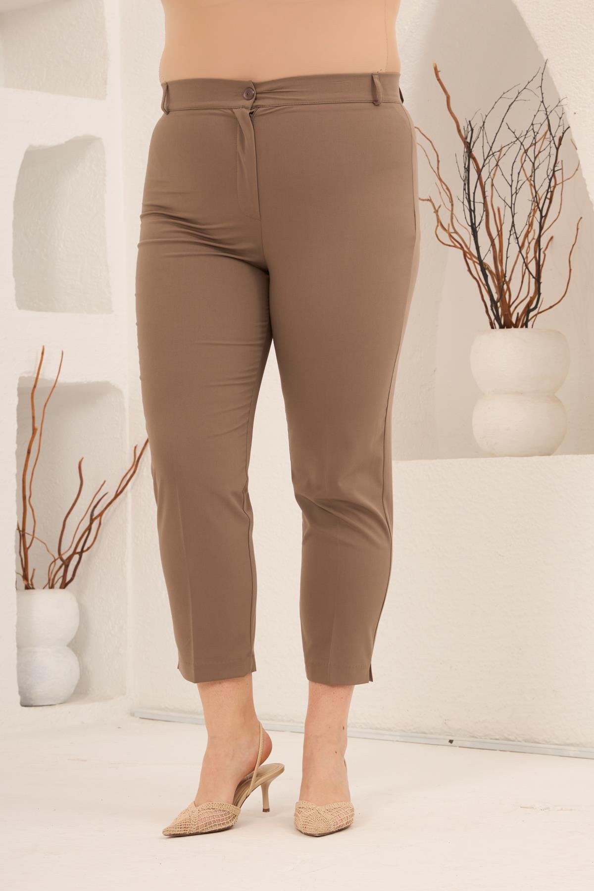 Paça Yırtmaçlı Büyük Beden Pantolon Vizon - RMG