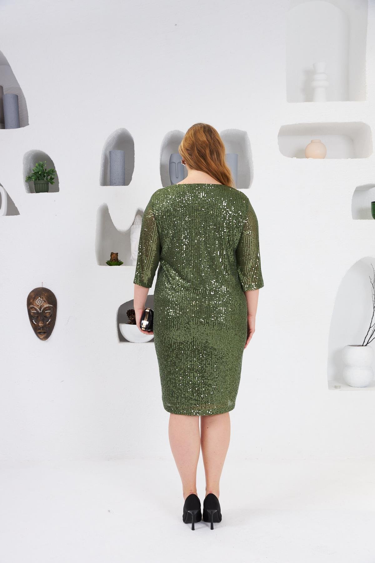 Pul Payetli Büyük Beden Abiye Elbise Haki