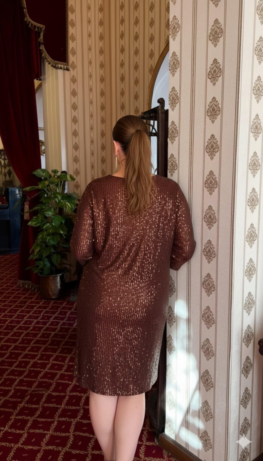 Pul Payetli Büyük Beden Abiye Elbise Kahve - RMG