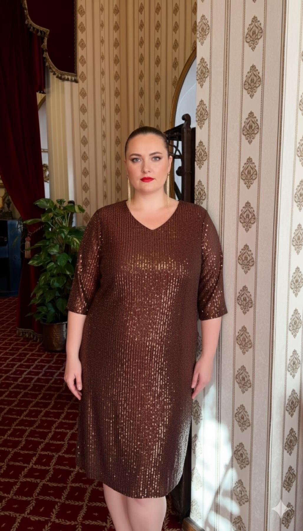 Pul Payetli Büyük Beden Abiye Elbise Kahve - RMG