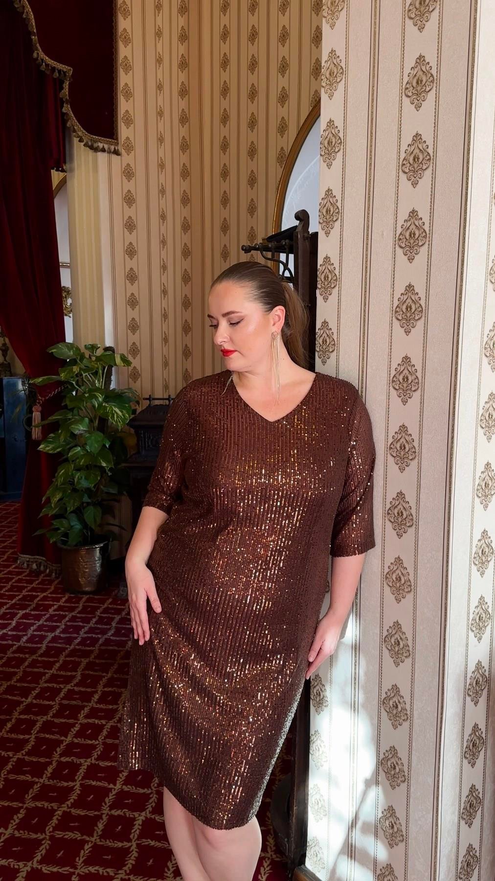 Pul Payetli Büyük Beden Abiye Elbise Kahve - RMG