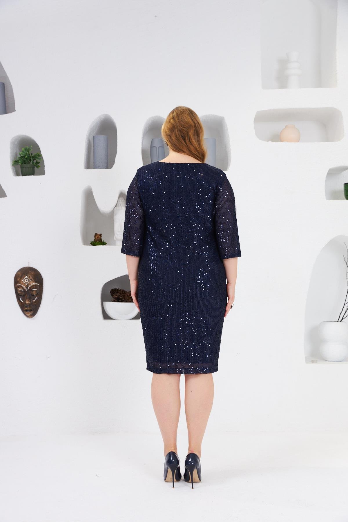 Pul Payetli Büyük Beden Abiye Elbise Lacivert