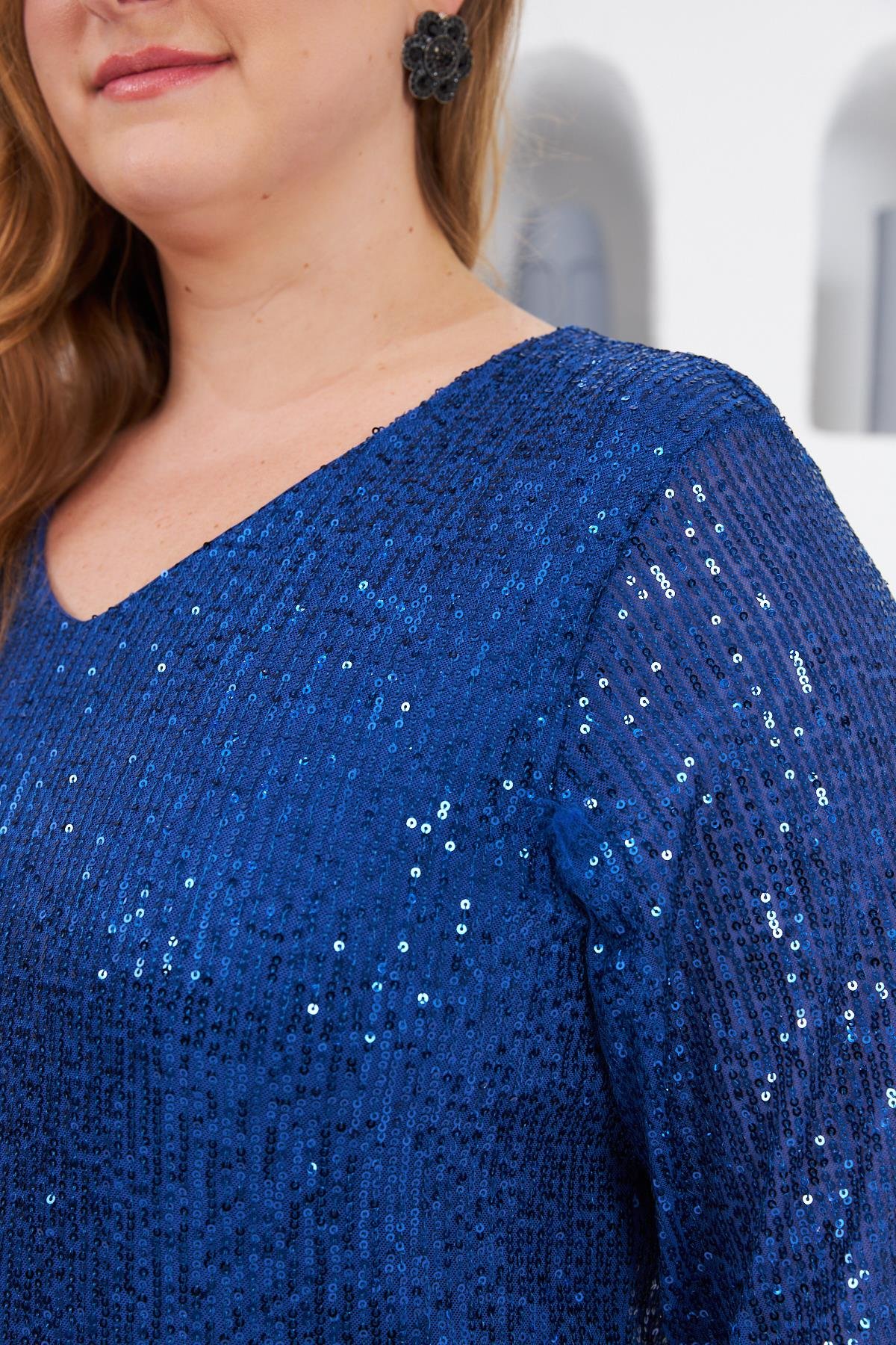 Pul Payetli Büyük Beden Abiye Elbise Saks