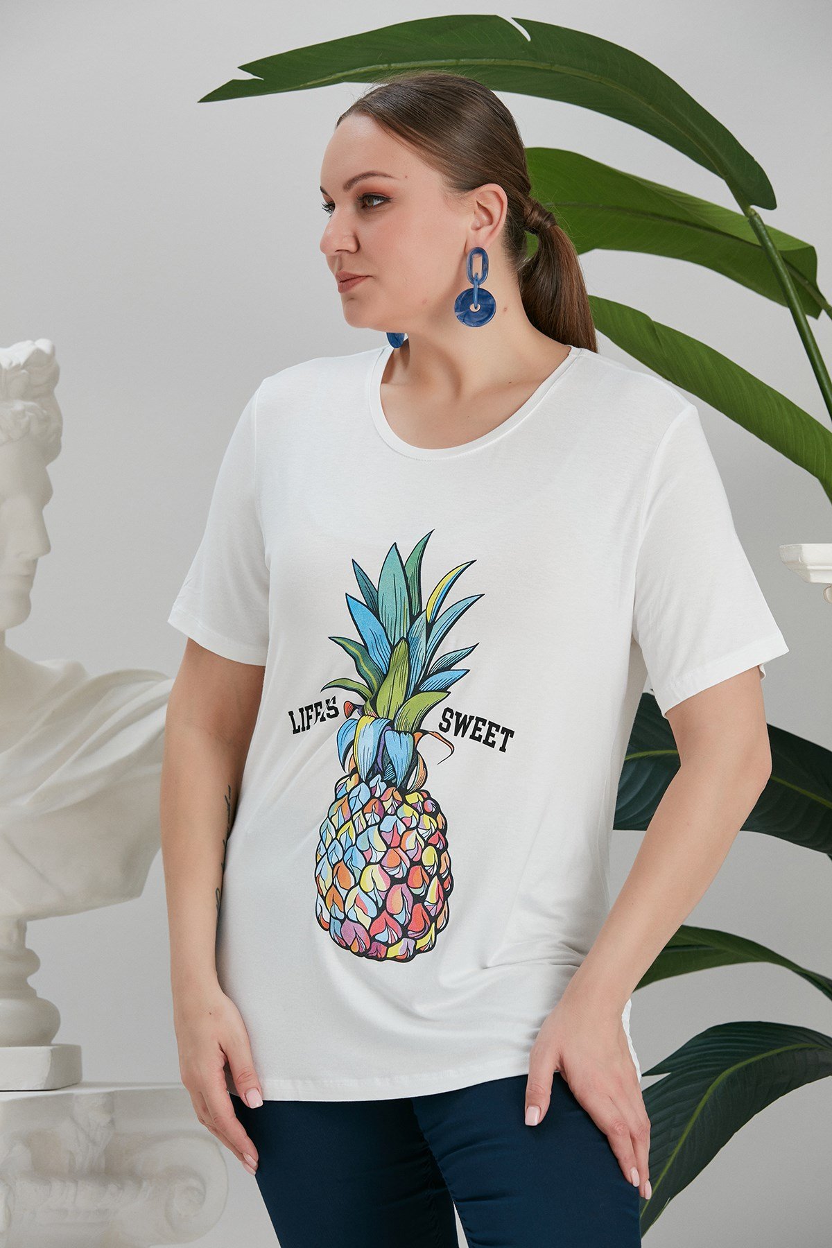 Rmg Ananas Baskılı Ekru Büyük Beden Tişört