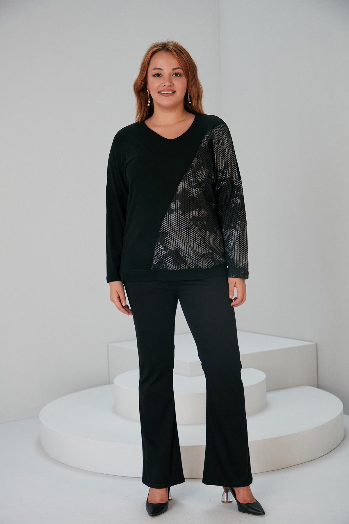 Rmg Asimetrik Garnili Büyük Beden Siyah Bluz