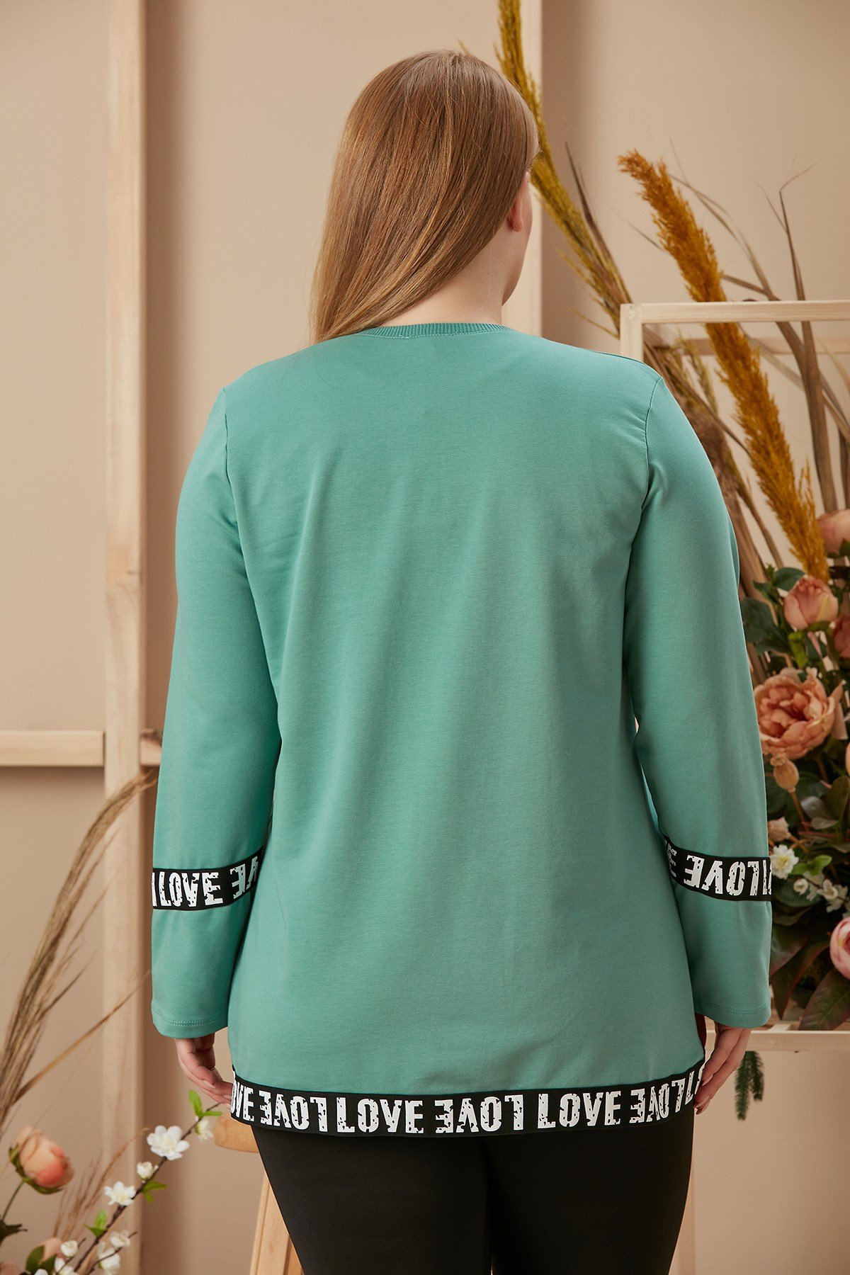 Rmg Asimetrik Şerit Detaylı Baskılı Büyük Beden Yosun Sweatshirt