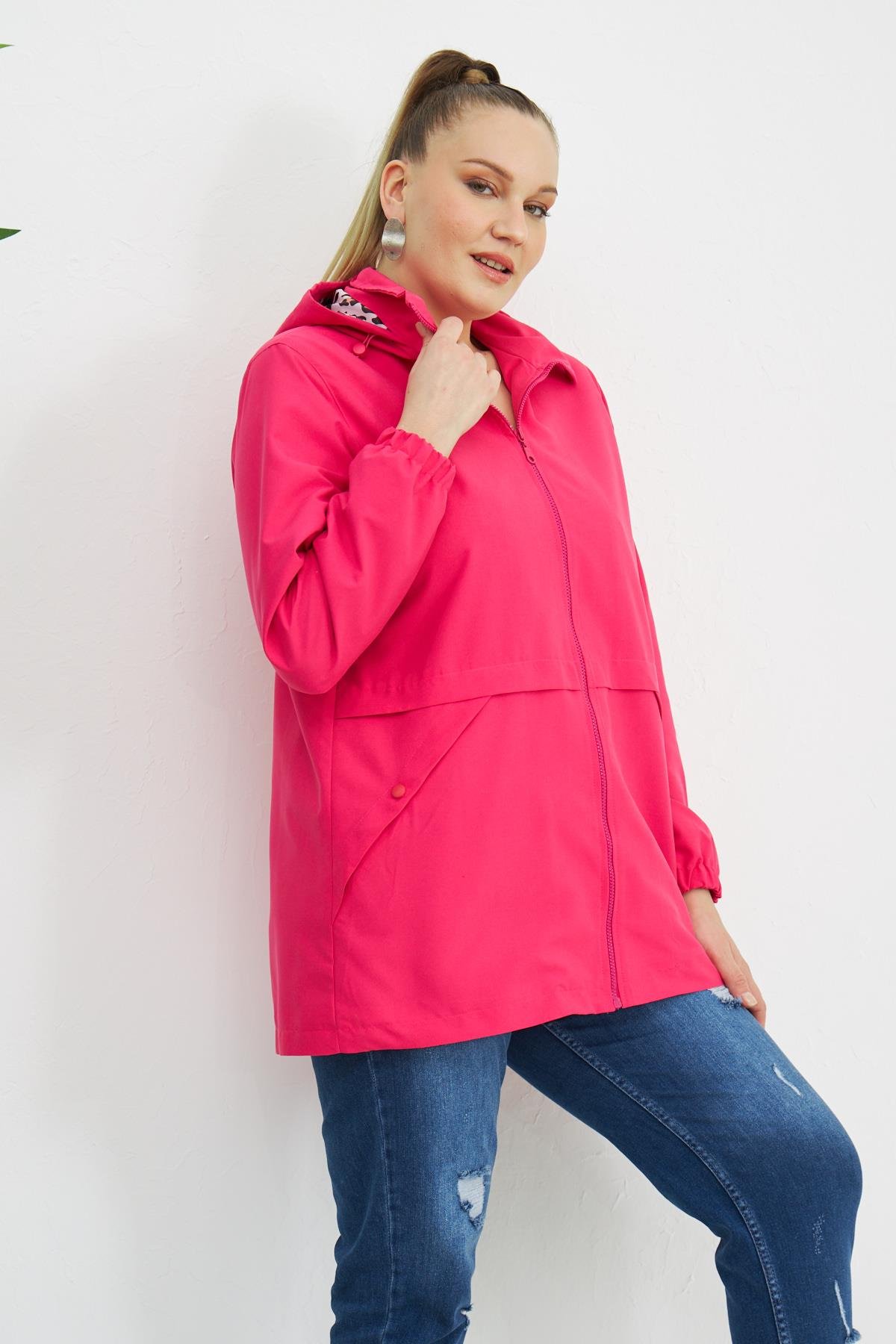 Rmg Astarı Leopar Desenli Büyük Beden Fuşya Trençkot