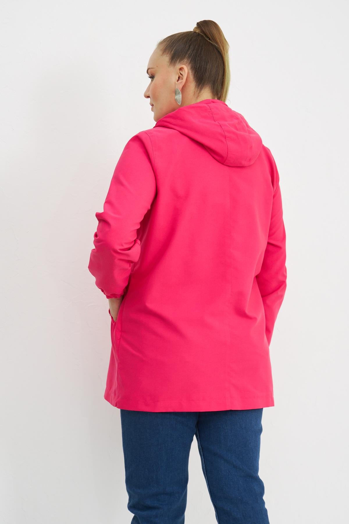 Rmg Astarı Leopar Desenli Büyük Beden Fuşya Trençkot