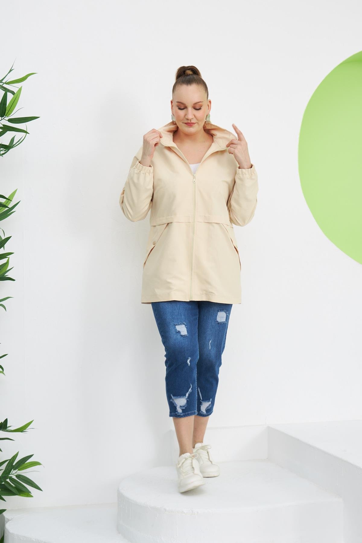 Rmg Astarı Leopar Desenli Büyük Beden Krem Trençkot