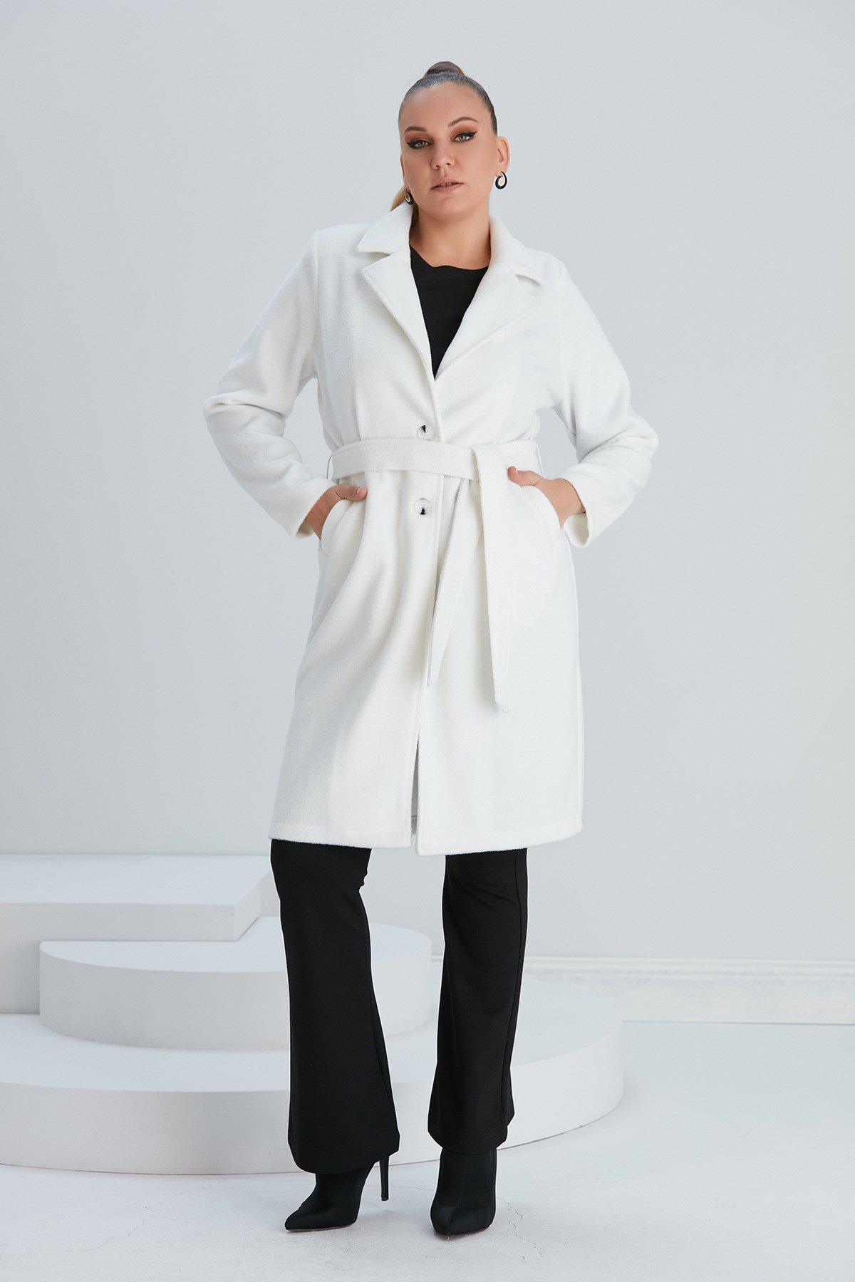 Rmg Astarsız Büyük Beden Beyaz Kaşe Kaban