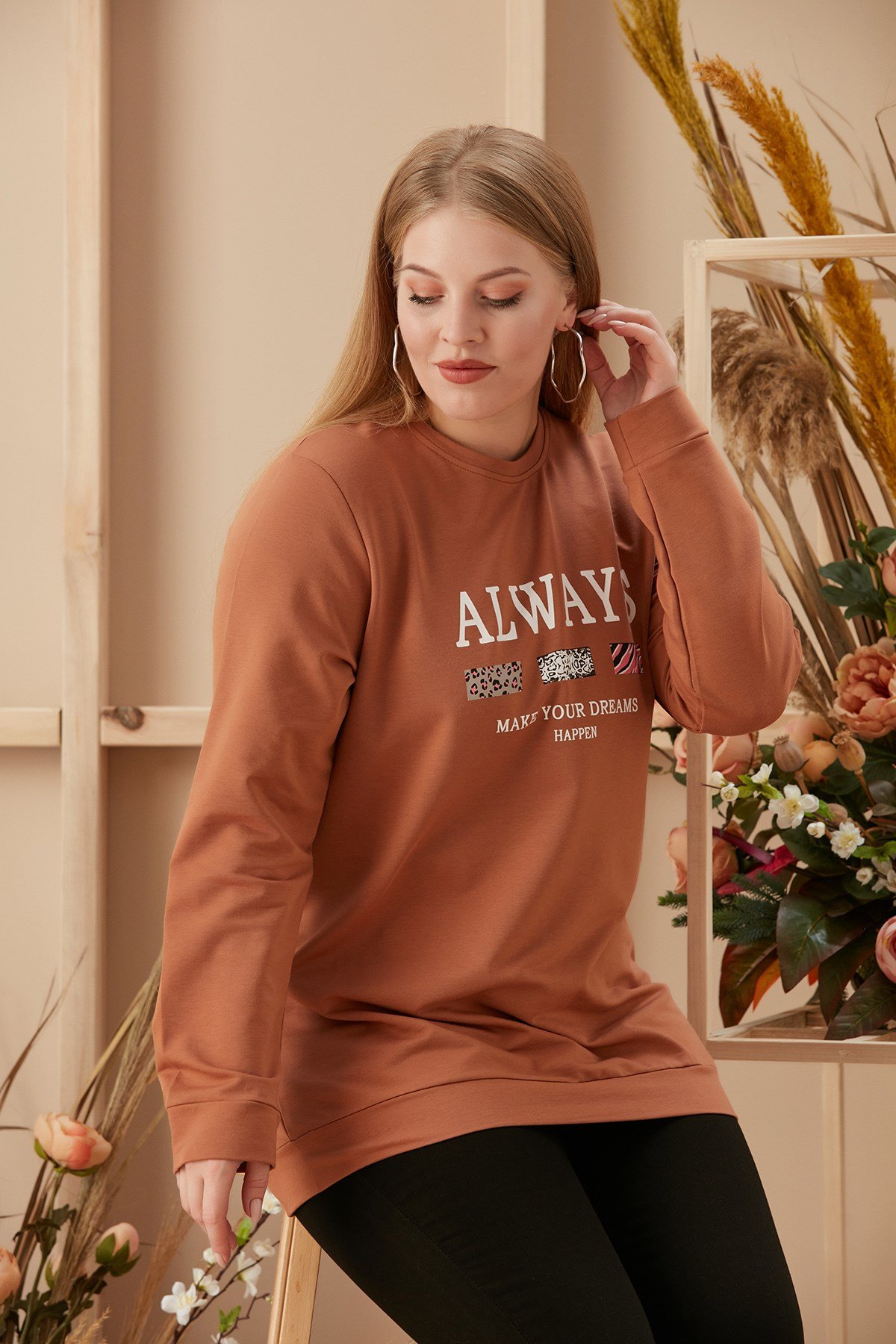 Rmg Baskılı Büyük Beden Camel Sweatshirt