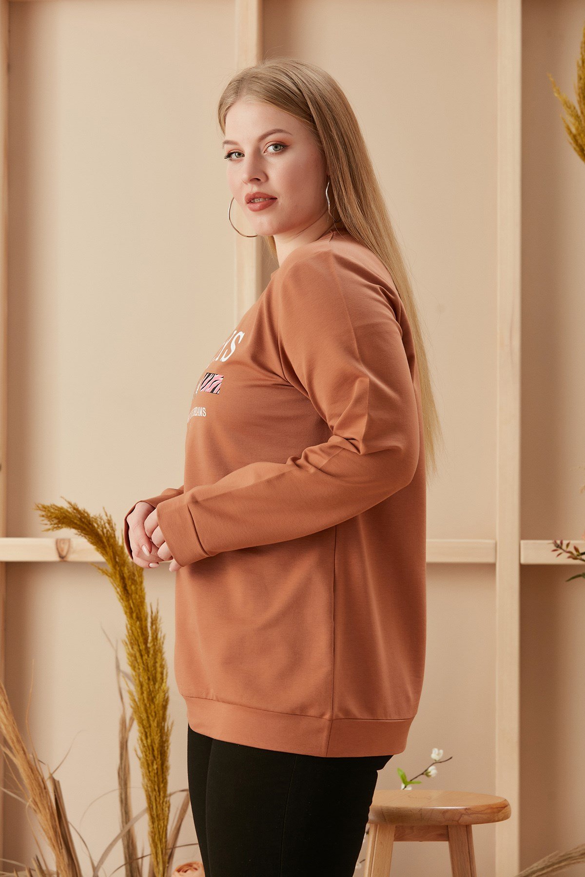 Rmg Baskılı Büyük Beden Camel Sweatshirt